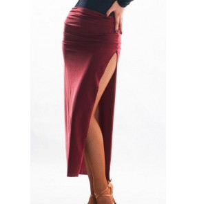 Wine colored red side split long length women's ladies female competition professional performance latin ballroom dance skirts
